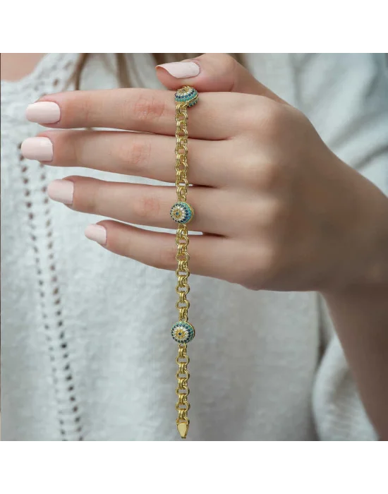 ​Gümüş Gold Sosyete Gözlü Zincir Bileklik