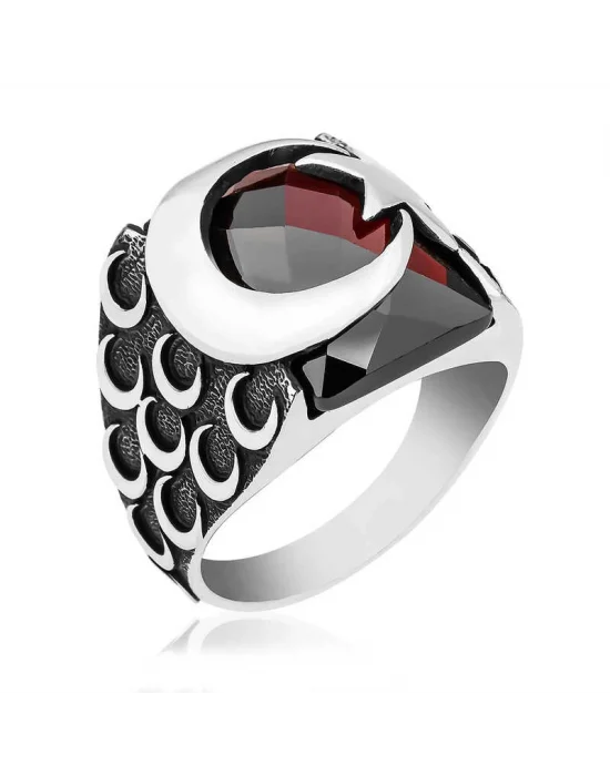​Gümüş Kırmızı Kesme Taşlı Ay Yıldız Erkek Yüzük