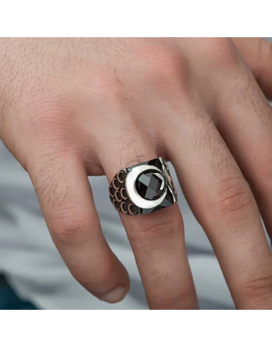 ​Gümüş Kırmızı Kesme Taşlı Ay Yıldız Erkek Yüzük