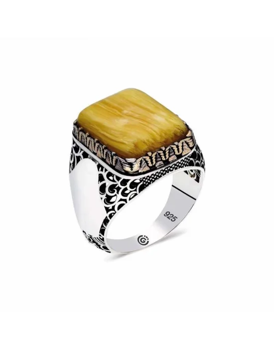 ​Gümüş  Koyu Sarı Sıkma Kehribar Taşlı Kare Erkek Yüzük