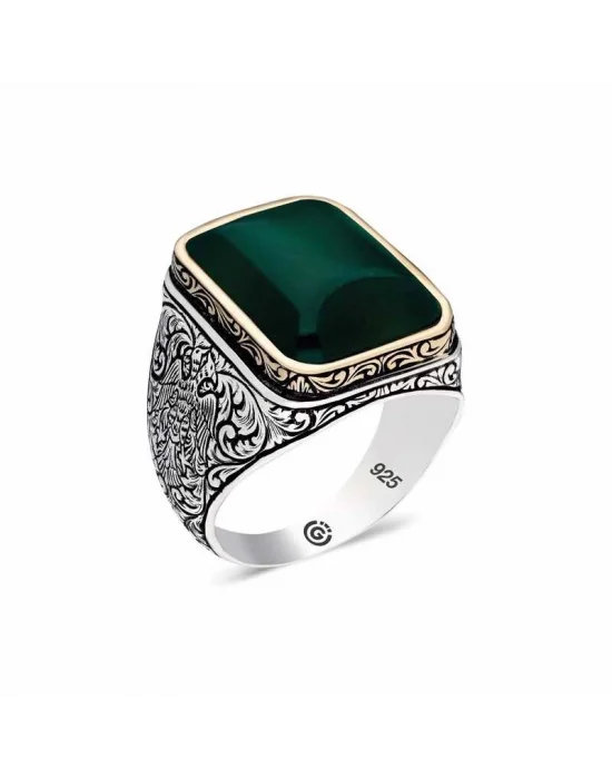 ​Gümüş Koyu Yeşil Akik Taşlı Köşeli Erkek Yüzük