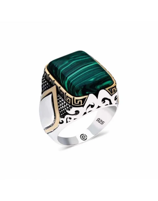 ​Gümüş Malahit Taşlı Kare Erkek Yüzük