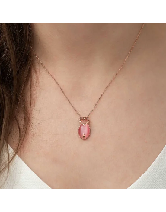 ​Gümüş Pembe Kedi Gözü Taşlı Kalp Kolye