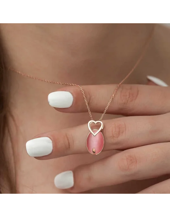 ​Gümüş Pembe Kedi Gözü Taşlı Kalp Kolye