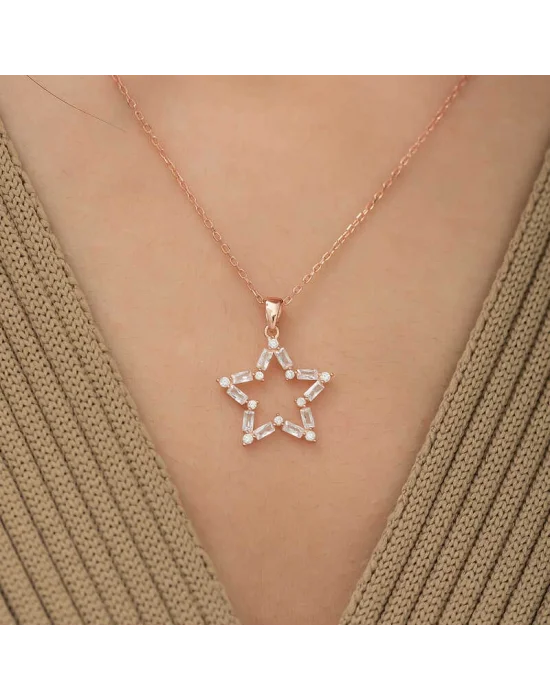​Gümüş Rose Baget Taşlı Yıldız Kolye