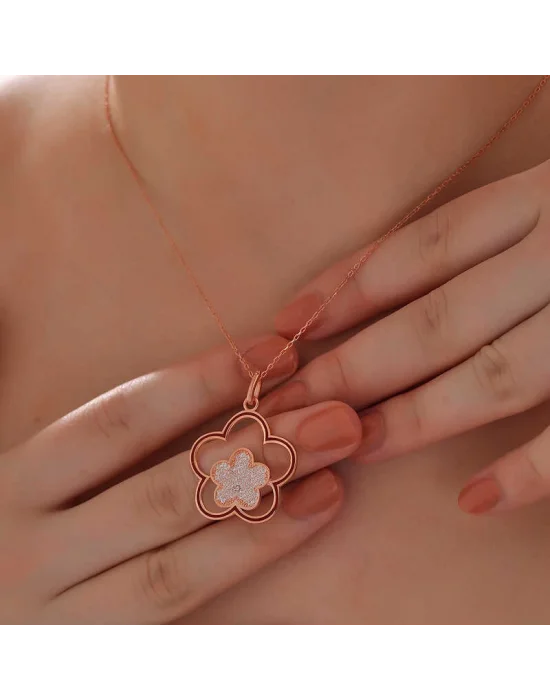 ​Gümüş Rose Çiçek Desenli Kadın Kolye