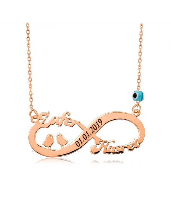 ​Gümüş Rose Kuşlu Sonsuzluk İsimli Kolye