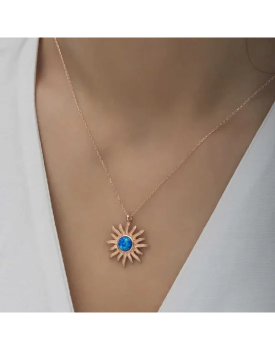 ​Gümüş Rose Mavi Opal Taşlı Güneş Kadın Kolye