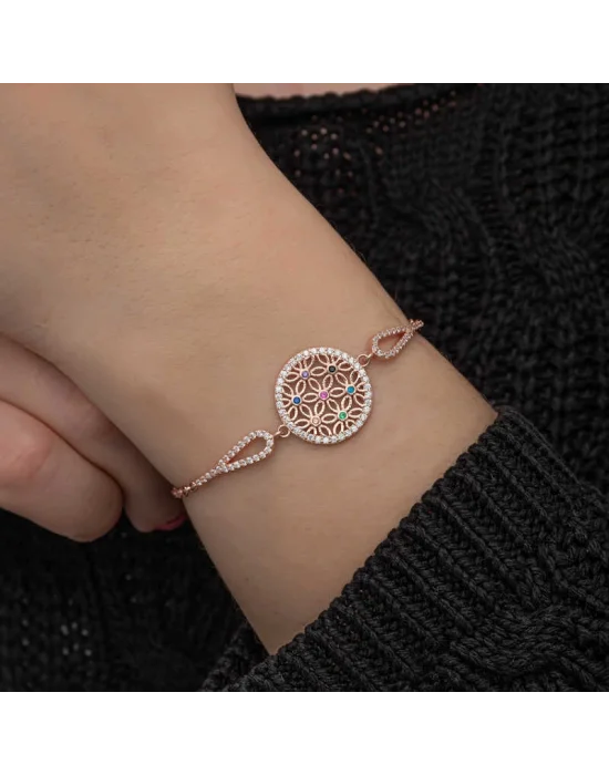 ​Gümüş Rose Renkli Yaşam Çiçeği Kadın Bileklik