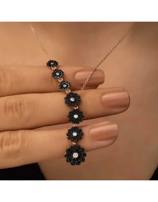 ​Gümüş Rose Sıralı Çiçekler Kolye