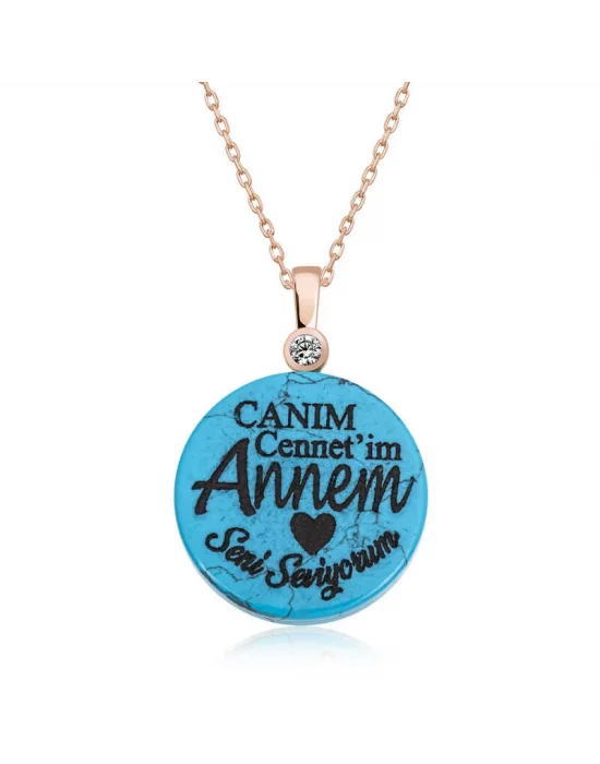 ​Gümüş Rose Turkuaz Taşlı Annem Yazılı Kadın Kolye