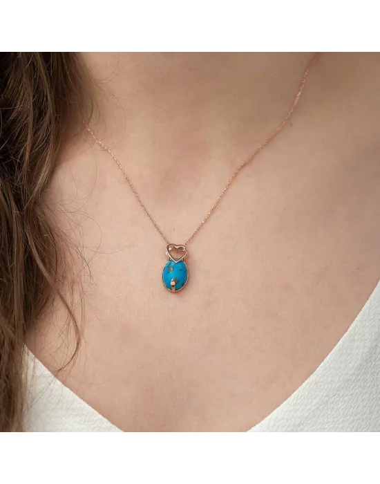 ​Gümüş Rose Turkuaz Taşlı Kalp Kolye