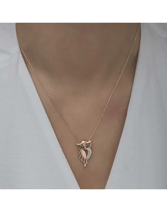 ​Gümüş Rose Yeşil Gözlü Baykuş Kadın Kolye