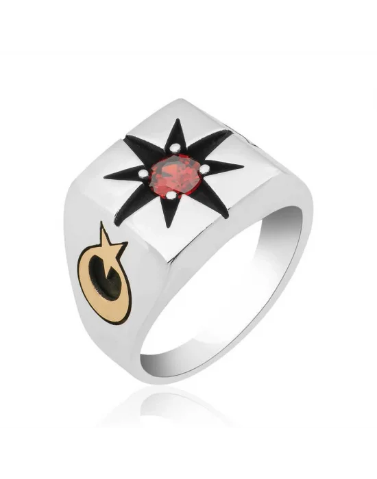 ​Gümüş Tek Taşlı Kutup Yıldızı Motifli Erkek Yüzük