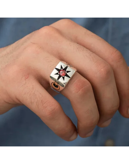 ​Gümüş Tek Taşlı Kutup Yıldızı Motifli Erkek Yüzük