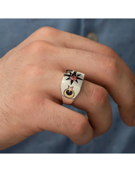 ​Gümüş Tek Taşlı Kutup Yıldızı Motifli Erkek Yüzük