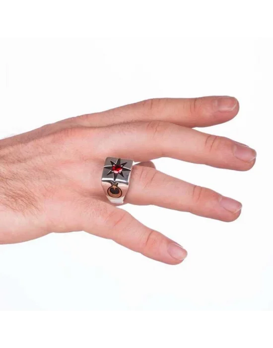 ​Gümüş Tek Taşlı Kutup Yıldızı Motifli Erkek Yüzük