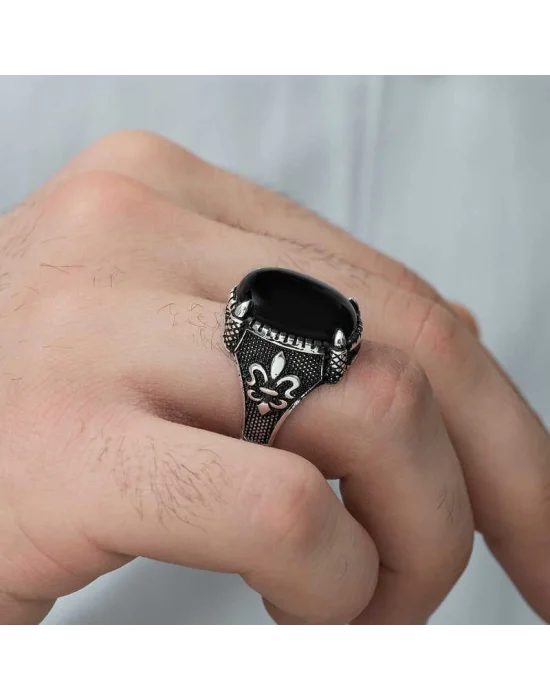 ​Gümüş Zambak Çiçeği Desenli Pençe Erkek Yüzük