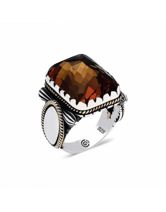 ​Gümüş Zirkon Akik Taşlı Kare Erkek Yüzük