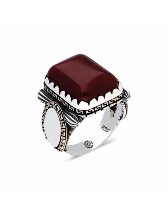 ​Gümüş Zirkon Bordo Akik Taşlı Kare Erkek Yüzük
