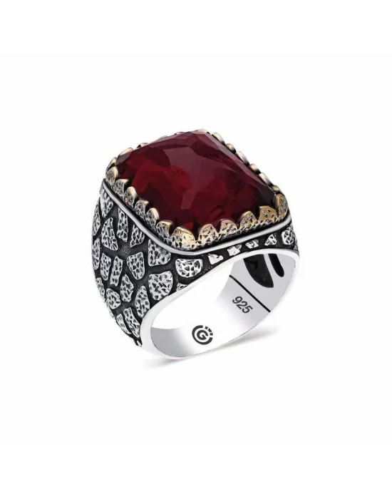 ​Gümüş Zirkon Bordo Taşlı Kare Erkek Yüzük