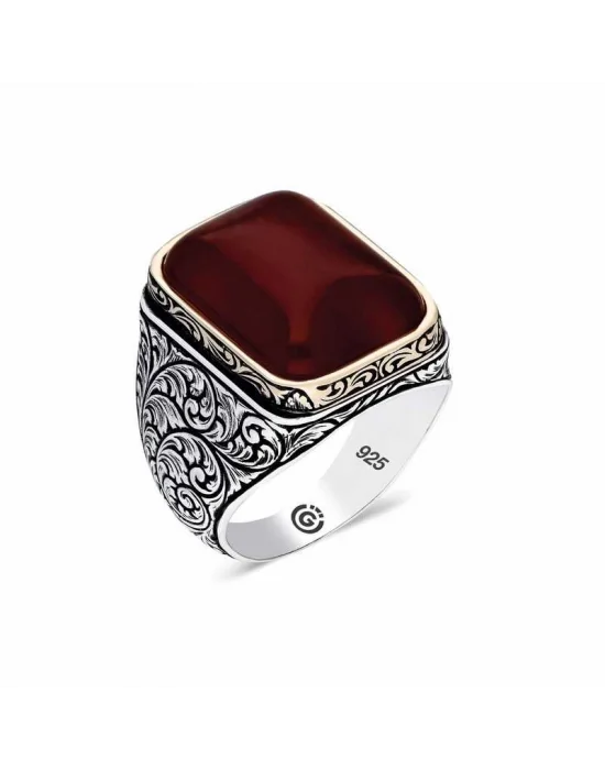 ​Gümüş Zirkon Koyu Bordo  Taşlı Kare Erkek Yüzük