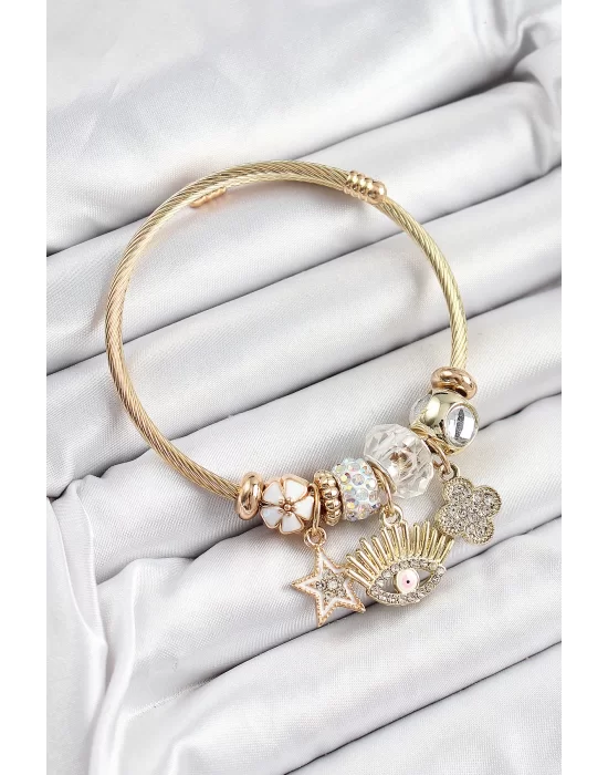 316L Çelik Beyaz Zirkon Taşlı Yıldız Göz Ve Yonca Model Gold Renk Charm Bileklik