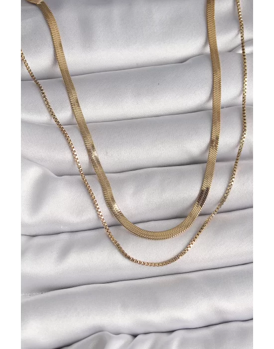 316L Çelik Gold Renk 2Li İtalyan Zincir Model Kadın Kolye