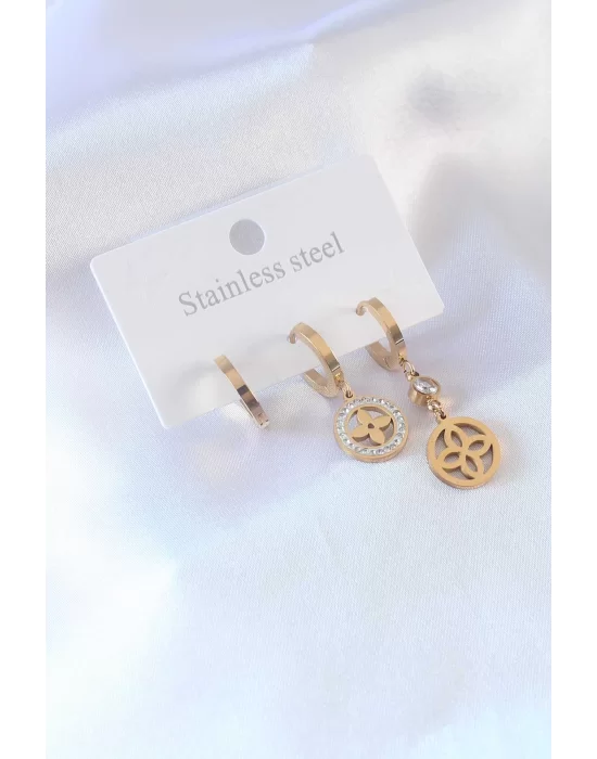 316L Çelik Gold Renk Çiçek Model Zirkon Taşlı Kadın Küpe