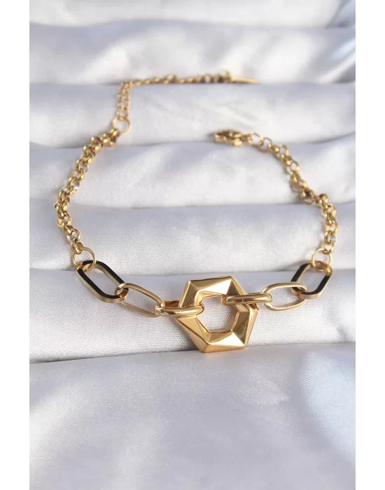 316L Çelik Gold Renk Geometrik Model Zincir Bileklik