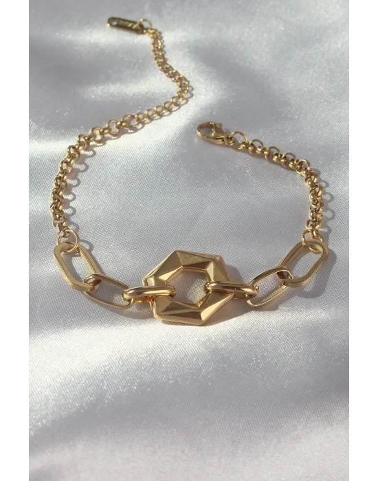 316L Çelik Gold Renk Geometrik Model Zincir Bileklik
