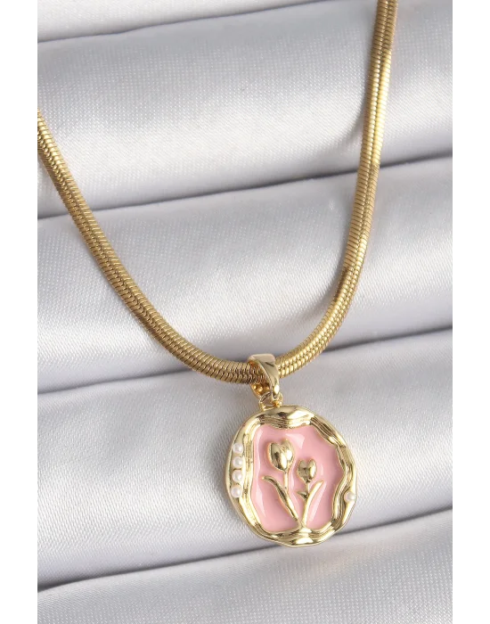 316L Çelik Gold Renk İtalyan Zincir Pembe Çiçek Madalyon Model Kadın Kolye