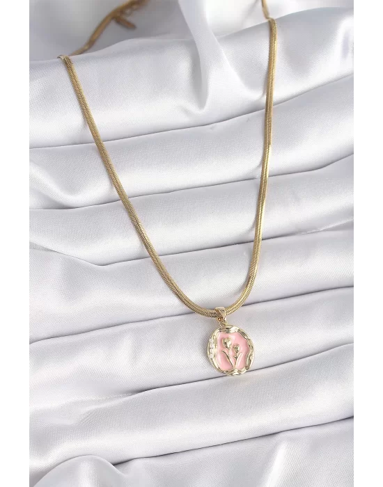 316L Çelik Gold Renk İtalyan Zincir Pembe Çiçek Madalyon Model Kadın Kolye