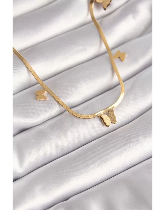 316L Çelik Gold Renk İtalyan Zincir Simli Kelebek Figür Kadın Kolye