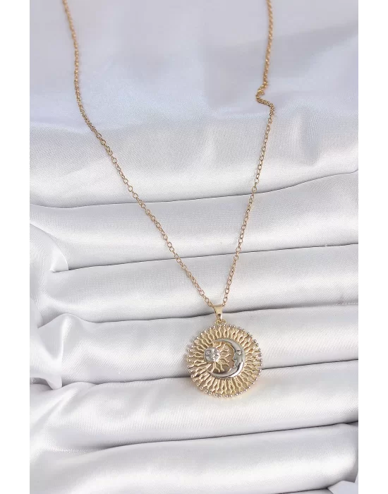 316L Çelik Gold Renk Mix Renk Ay Güneş Model Kadın Kolye