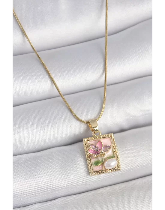 316L Çelik Gold Renk Pembe Mineli Çiçek İşlemeli İnci Detay Portre Model Kadın Kolye