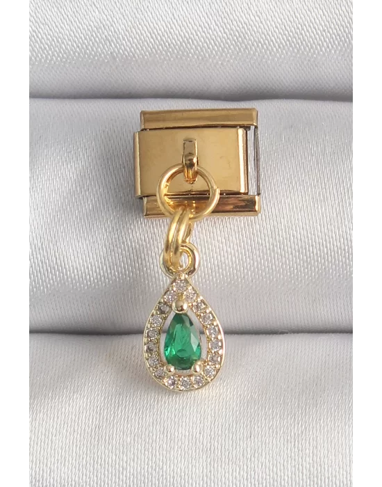 316L Çelik Gold Renk Sallantı Damla Yeşil Zirkon Taşlı Nomination Charm