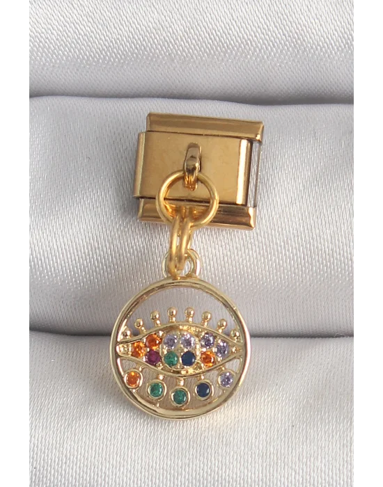 316L Çelik Gold Renk Sallantı Renkli Zirkon Taşlı Göz Model Nomination Charm