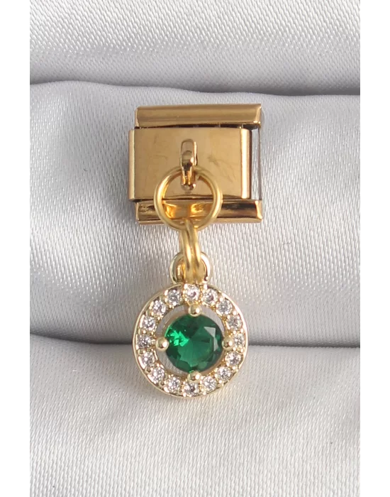 316L Çelik Gold Renk Sallantı Yeşil Zirkon Taşlı Nomination Charm
