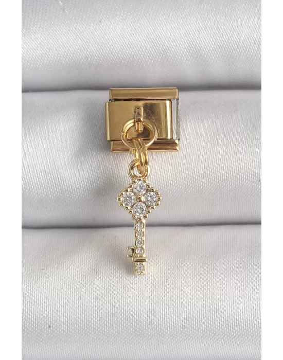 316L Çelik Gold Renk Sallantı Zirkon Taşlı Anahtar Model Nomination Charm