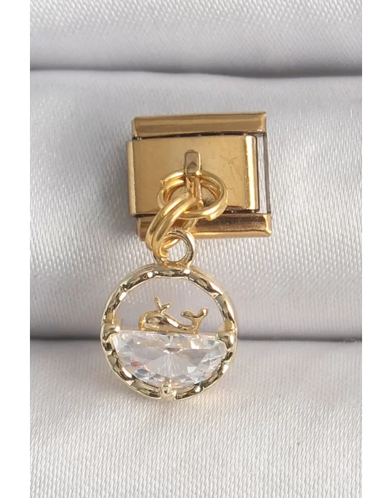316L Çelik Gold Renk Sallantı Zirkon Taşlı Balina Model Nomination Charm