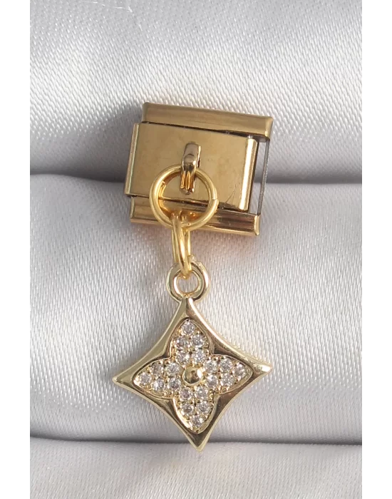 316L Çelik Gold Renk Sallantı Zirkon Taşlı Çiçek İşlemeli Nomination Charm