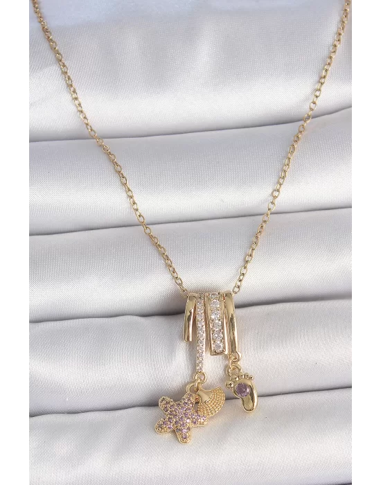 316L Çelik Gold Renk Sallantı Zirkon Taşlı Mor Taşlı Ayıcık Figür Charm Kadın Kolye