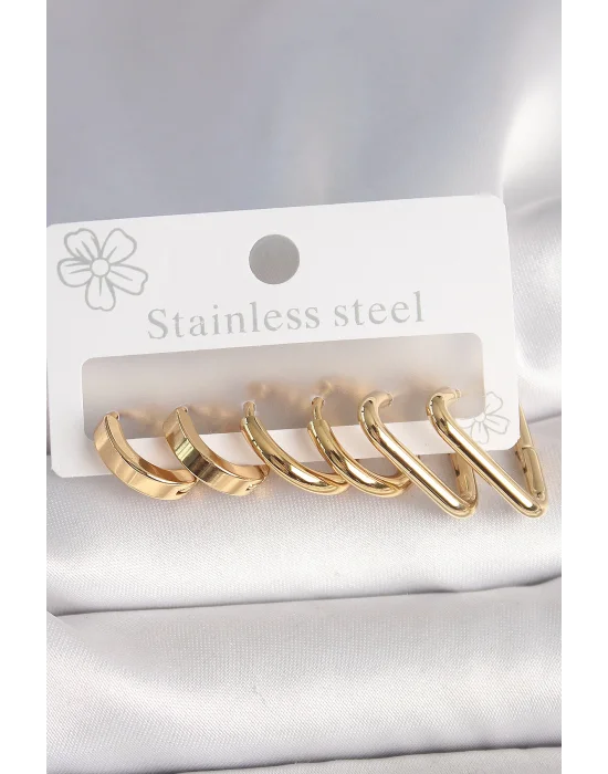 316L Çelik Gold Renk Üçgen Halka Model Kadın Küpe Seti