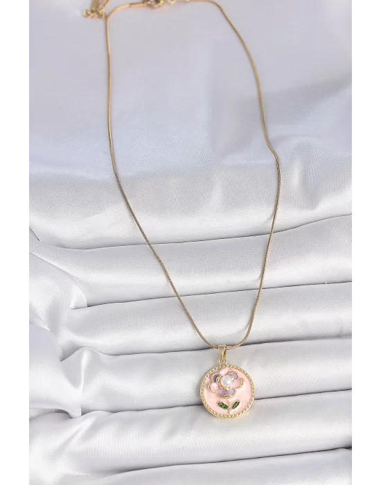 316L Çelik Gold Renk Zincir Pembe Çiçek İşlemeli İnci Detay Portre Model Kadın Kolye
