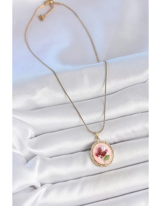 316L Çelik Gold Renk Zincir Pembe Mineli İncili Çiçek İşlemeli Portre Model Kadın Kolye