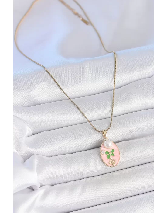 316L Çelik Gold Renk Zincir Pembe Mineli Oval İncili Çiçek İşlemeli Portre Model Kadın Kolye
