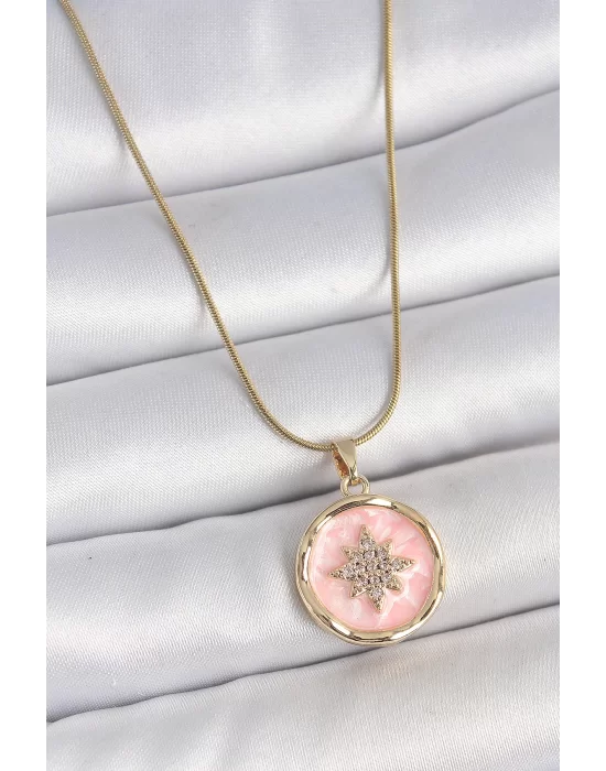 316L Çelik Gold Renk Zincir Pembe Mineli Zirkon Taşlı Kuzey Yıldız İşlemeli Madalyon Model Kadın Kolye