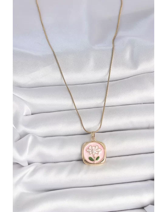 316L Çelik Gold Renk Zincir Pembe Papatya İşlemeli İnci Detay Kadın Kolye