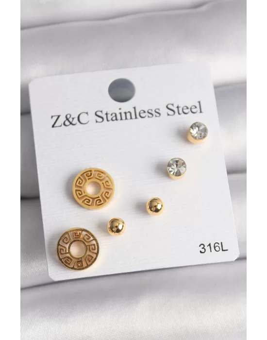316L Çelik Gold Renk Zirkon Taşı Labirent Model Kadın Küpe Seti